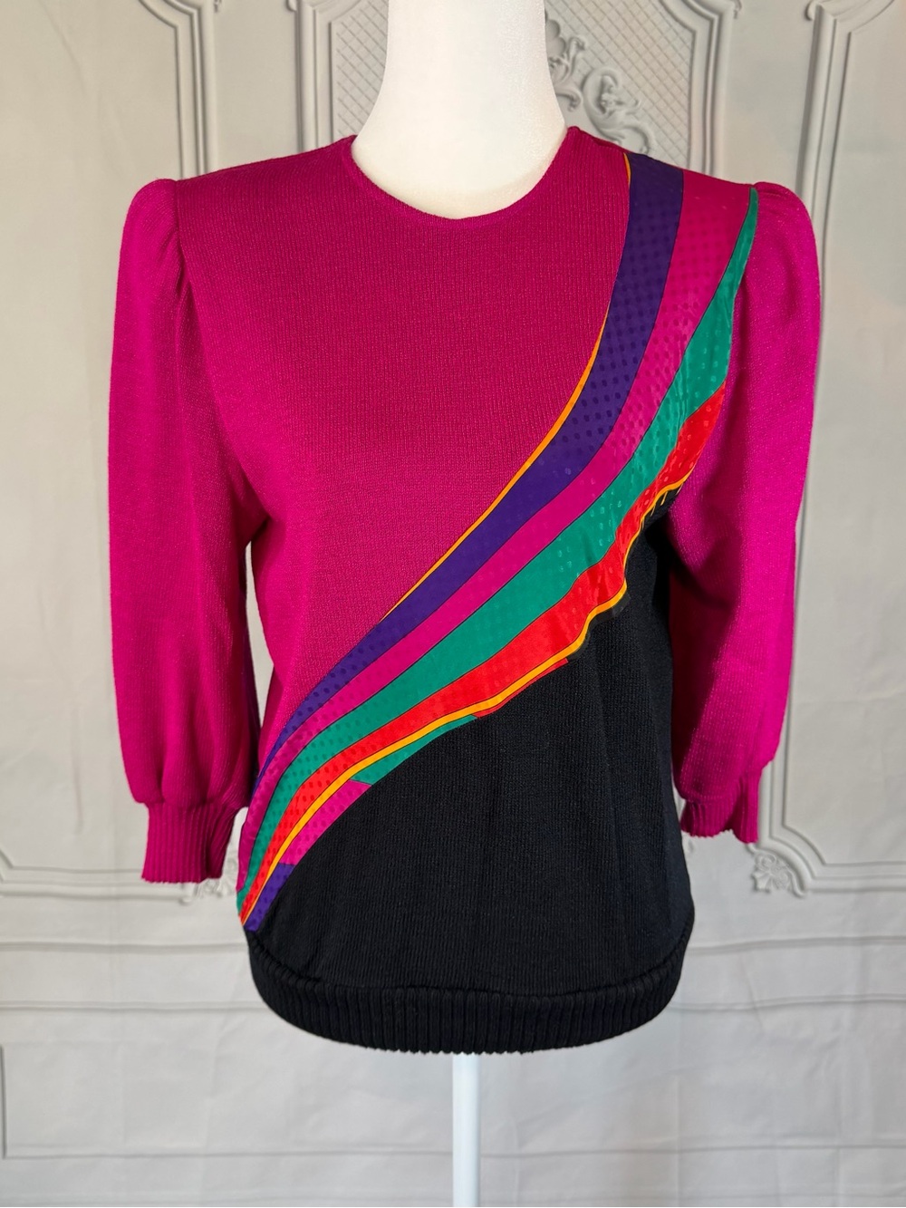 Vintage 80s Anthony Sicari Colorblock Rainbow Stripe Sweater Size 6 Made In USA